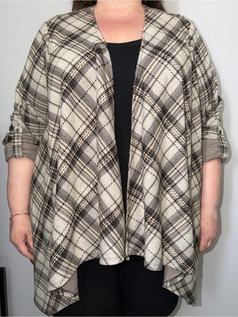 Torrid Cream & Black Plaid Drape-Front Structured Cardigan